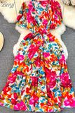 Women Floarl Dress Vintage V-Neck Short Sleeve Printed A-Line Elegant Midi Vestidos Female Casual Robe Bohemian 2023