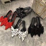 New Spring Slippers Women's Korean-Style Pointed Polka Dot Bow Stiletto Mid-Heel Low Heel Slippers Polka Dot Half