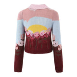 Women's New Color Print Short Long-Sleeved Knitted Cardigan Sweater