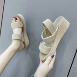 2025 Summer New Fashion Beach Shoes Wide Strips Thick Bottom Slope Heel Sandals
