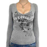 Old Letter Print Knitting V-Neck T-Shirt For Women's New Knitted Long-Sleeved