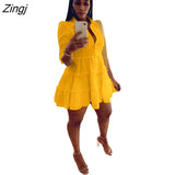 Women Casual Lapel Collar Mini Dress Casual Solid Pleated Puff Sleeve Button Up Ruffled Hem Shirt Dresses Bohemian