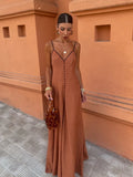 Women Elegant Button Decor Ruffle Adjustable Strap Dress Sexy Deep V Neck Backless Long Dreses 2024 Summer Lady Chic Party