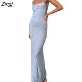 Women's Summer Sexy Bodycon Dress Spaghetti Strap Sleeveless Backless Slim Fit Floral Printed Long