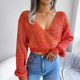 Wind Real Autumn And Winter Color Cross V Neck Lantern Sleeve Open Umbilly Sweater Women's