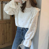 Women Blouse Elegant Romantic Embroidery Spring Tender Long Sleeve White All-match Pure Top Office Street Leisure Comfort