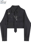 Women Blouses Harajuku Punk Streetwear Black Casual Gothic Tie Blouse Vintage Long Sleeve Loose Turn Down Collar Shirt