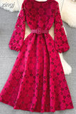 Yellow/Red/White Hollow Out Lace Long Dress Vintage O-Neck Puff Sleeve High Waist A-Line Big Swing Maxi Party Vestido