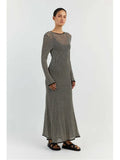 Knitted Long Dress Women Hollow Out Long-sleeved Dresses Female See Through Cover-ups Beach Vacation