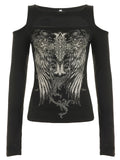 Retro Wing Prints Long Sleeves Fill In The Women's 2025 Street Personality Out-Shoulder New Top