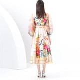 Retro V-Neck Strap With Belt Mesh Lantern Sleeve Fashion Print Big Swing Cardigan Dress Dress Dress