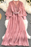 Women Lace Patchwork Pleated Chiffon Long Dress Autumn Winter Red/Black/Blue Draped Party Vestidos With Sashes Female Robe