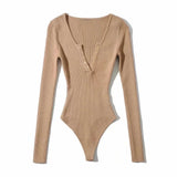 Long-Sleeved V-Neck Buckle Autumn And Winter T-Shirt Hottie T-Shirt Girl Solid Color Bottom Sexy Blouse
