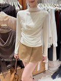 Xixi 2025 Autumn White Standard Elegant Temperament Chiffon Neck Thin Knitted Small Shirt