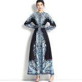 And Autumn Dress Retro Court Style Lapl Lantern Sleeve Print Dress Women's Single Buckle Large A-Word Over Knee