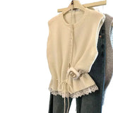 Autumn 2025 New Lace Side Splicing Knitted Shirt Soft-Caught Belt Belt Belt Short
