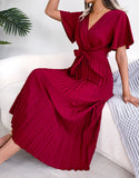 Explosion Real Shooting Spring And Summer Temperament Cross V Collar Big Swing 100-Fold Dress Women's