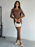Wind Solid Color Knitted Dress Female Spring And Autumn Temperament Waist Long Sleeve Long