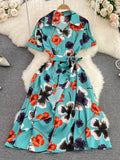 Women Printed Dress Elegant Turn-Down Collar Short Sleeve High Waist A-Line Red/Blue/Purple Slim Vestidos New