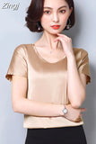 womens tops and blouses 2023 women shirts casual Silk O-neck sling top satin short sleeve stretch Solid blouse 2126