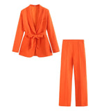 And Autumn Women's Fashion With Belt Solid Color Casual Suit Jacket High Waist Trousers
