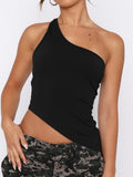 Off Shoulder Single Strap Tank Crop Tops 2023 Women Sleeveless Solid Slim Fit Irregular Hem Vest Summer