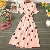 Polka Dot Midi Dress Summer 2023 Sexy V-neck Flare Sleeve Casual Vestidos Verano Elegant Blue/White Sashes Dresses