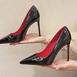 2025 New Black Red-Soled High-Heeled Women's Sharp-Headed Fine-Hee Sexy Bright-Faced Temperament Single-Shoe Paint Leather Women's