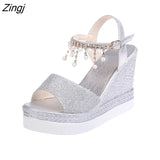 New Women Wedge Sandals Summer Bead Studded Detail Platform Sandals Buckle Strap Peep Toe Thick Bottom Casual Shoes