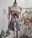 Kinking Of The Net Yarn Irregularly Kinked Lotus Lobe Slings Shoulder Horn Sleeve T-Shirt Short Top