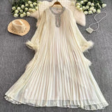 Elegant Dress Women's Autumn 2025 New Heavy Industry Diamond-Strowing Round Collar Loose Hair Splicing 100-Folded Long