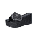 Slope And Slippers Women Wedge Slippers Denim Thick Bottom Slope With