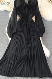 Vintage Women Long Dress Elegant Bow Collar Lantern Sleeve Single Breasted Pleated Maxi Vestidos Female Red/Purple