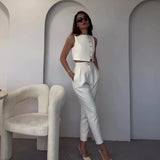 Zingj New 2024 Summer Sleeveless Vest Jacket High Waist Straight Leg Pants Solid Color Two-Piece Set-Outfit