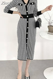 Bird Lattice Knitting V-Neck Bodycon Midi Dress Korean Fashion Elegant Office Lady Buttons Long Dresses for Women