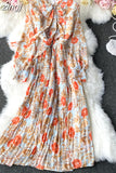 Autumn Bohemian Floral Pleated Long Dress Women Elegant Bow Collar Puff Sleeve Draped Chiffon Vestidos Female Party