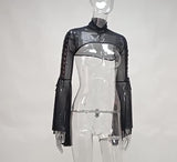 Net Horn Sleeve Double Ribbon Shoulder Dark Wind High Collar Characteristic Corns Strapped Long-Sleeved
