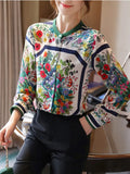Womens Shirts Chiffon Floral Shirts Stand-up Collar Long-sleeve Blouse Women Elegant Button Up Shirt Fashion Ladies