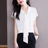 Female Short Sleeve OL Commuter Wind Elegant Mulberry Silk Jacket Bow Ribbon
