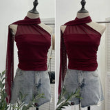 Shooting 2025 Spring New Mesh Hanging Neck Top Women With Asymmetric Sleeveless Vest Short Top