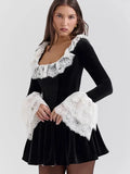 Black Long Sleeve Lace Flare Mini Dress- Outfit