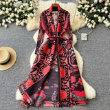 Dress Women's Fashion Collared Belt Long Pressured Folding Printing