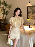 Xixi 2025 Summer New Thousand Gold Wind Bow Tie With Bottom Shirt Women's Long-Sleeved Top