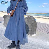 Sleeve Dress Women A-Line Simple Casual Button Female Mid-Calf Solid Turn-down Collar Empire All Match College Spring
