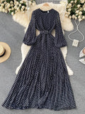 Women White/Black/Brown Polka Dot Long Dress Vintage Round Neck Puff Sleeve Elegant A-Line Maxi Vestidos Female 2023