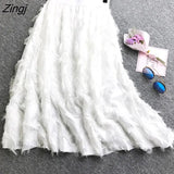 Tulle Midi Skirt Women Korean Fashion Feather Tassel Pleated Skirts Elegant A-Line Elastic Waist Chiffon Skirts Jupes