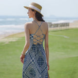 Zingj Holiday Backless Dress Super Fairy National Wind Halter Dress Beach Beach Temperament Blue Chiffon