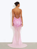 Women's V-Neck Sexy Suspension Slings Lown Repairs Beads Fishtail Dress