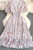 Bohemian Women Floral Printed Midi Dress Elegant V-Neck Short Sleeve High Waist Draped Slim Big Swing Vestidos Female