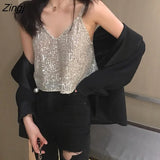 Women New Chic Silvery Sequined Sexy V-Neck Off Shoulder Femme Crop Top Vintage Korean Loose Street Party Womens